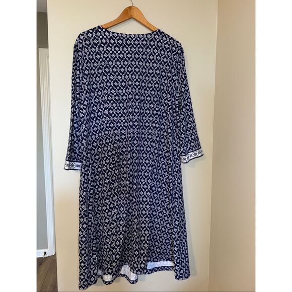 Talbots Plus Size 3X Faux Wrap Knee Length Dress Blue Geometric Print 3/4 Sleeve - Picture 9 of 10